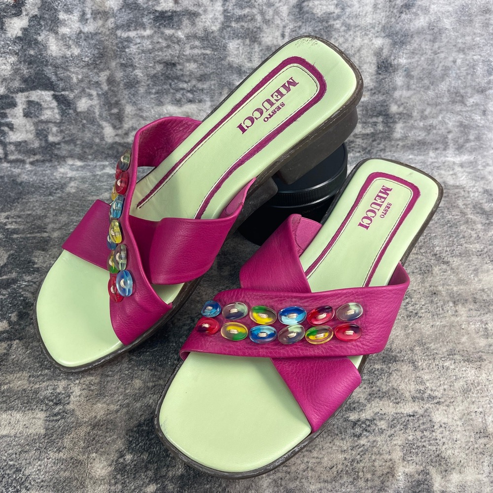 Sesto Meucci Beaded Slide Sandals Womens 7.5 Pink Sea Foam Green Leather